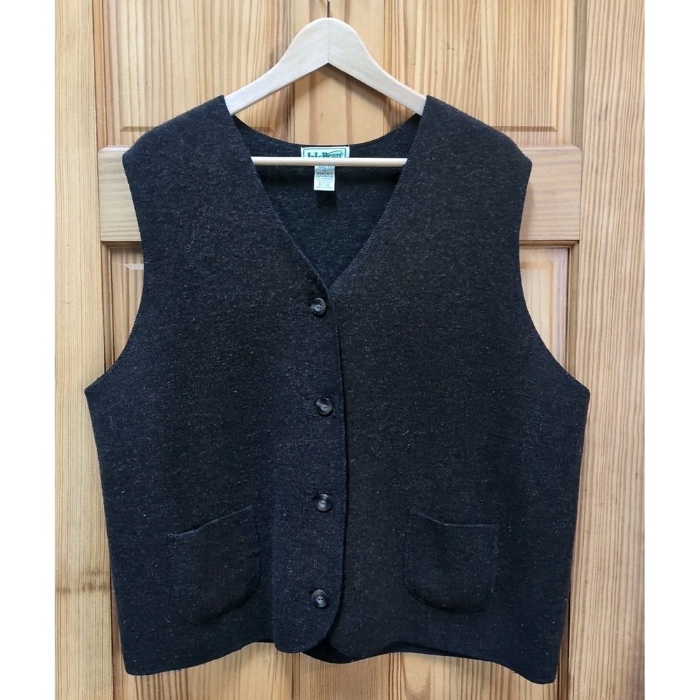 Vintage LL Bean Knit Boxy Button Up Sweater Vest Sz XL Lambswool Brown Pockets